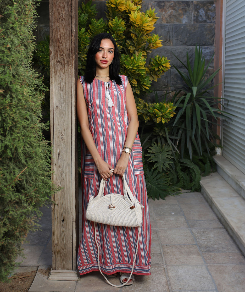 Stripped Linen Dress-Red