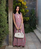 Stripped Linen Dress-Red