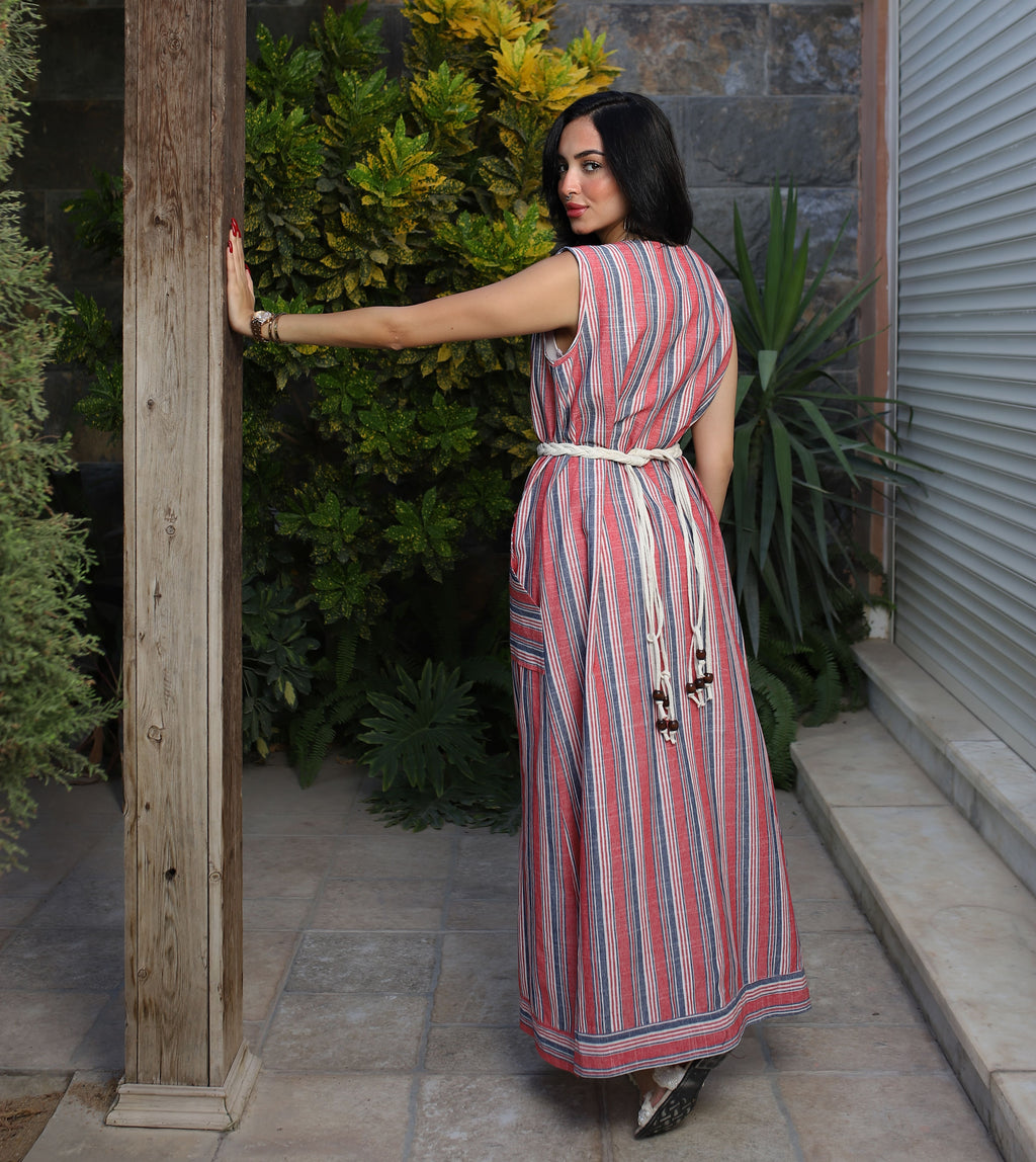 Stripped Linen Dress-Red