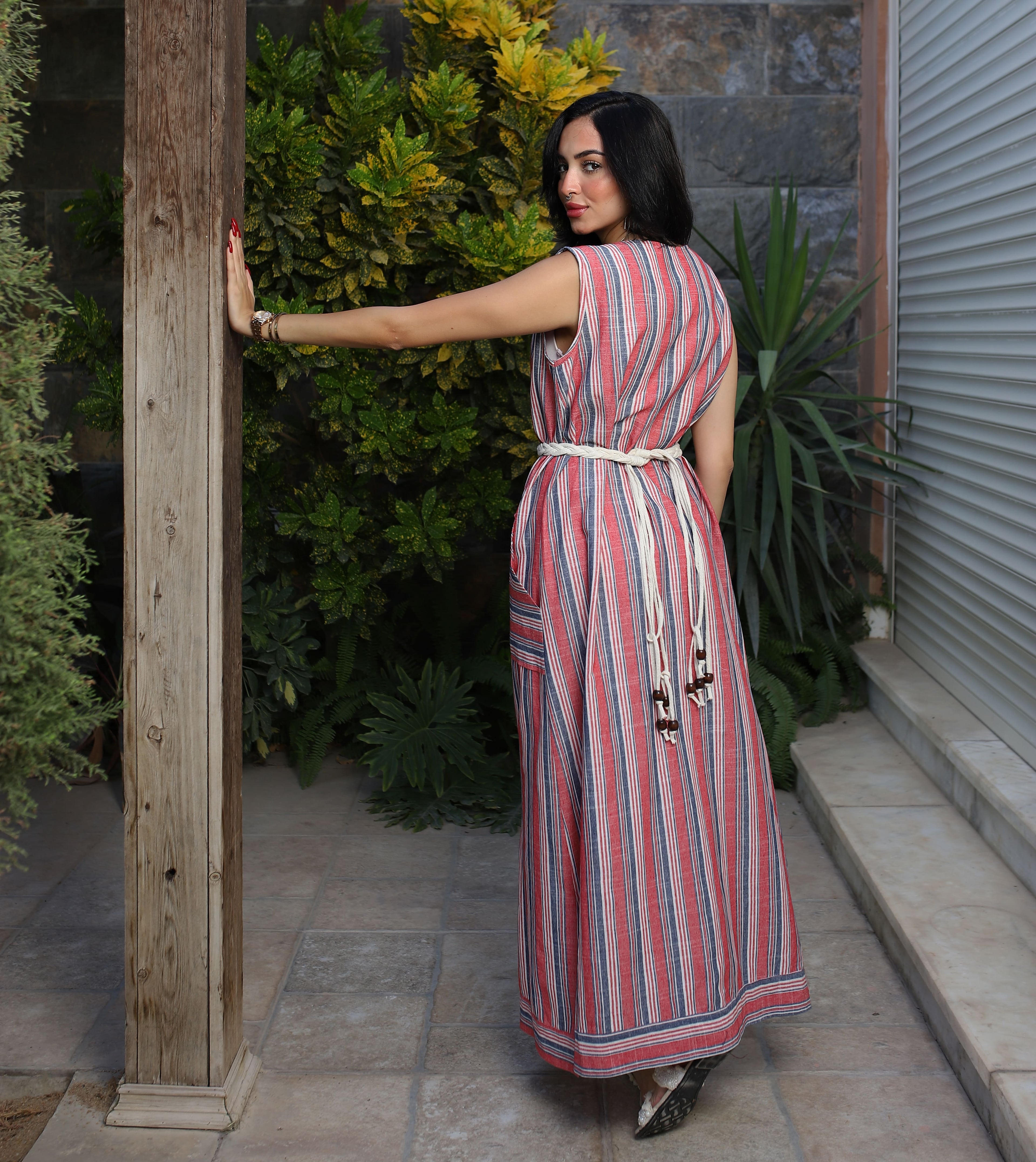 Stripped Linen Dress-Red