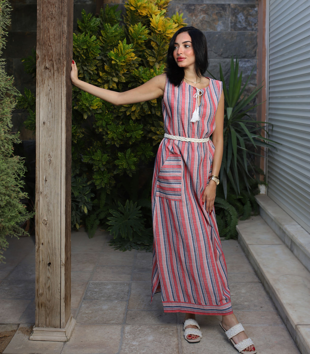 Stripped Linen Dress-Red