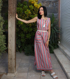 Stripped Linen Dress-Red