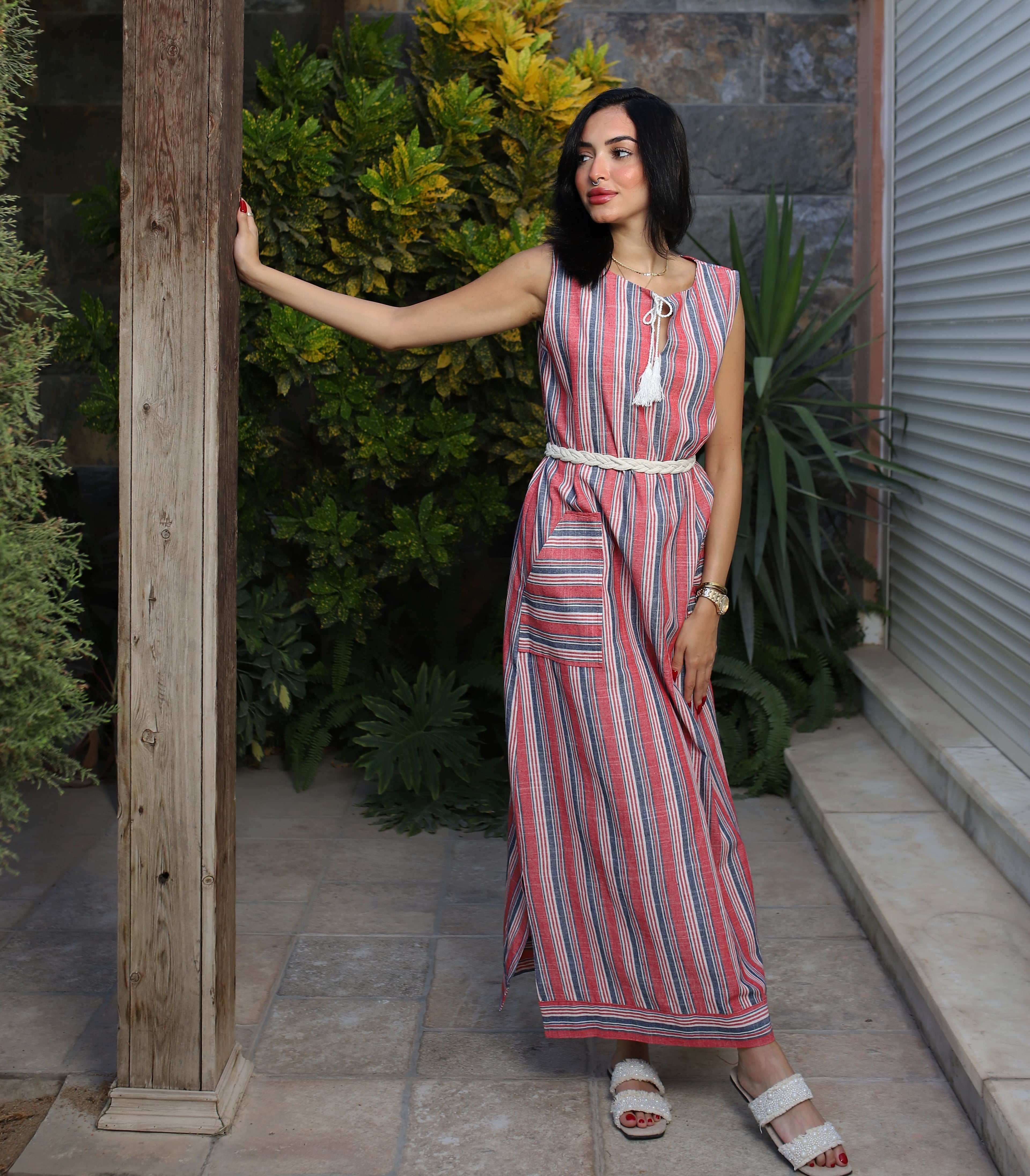Stripped Linen Dress-Red