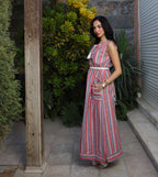Stripped Linen Dress-Red