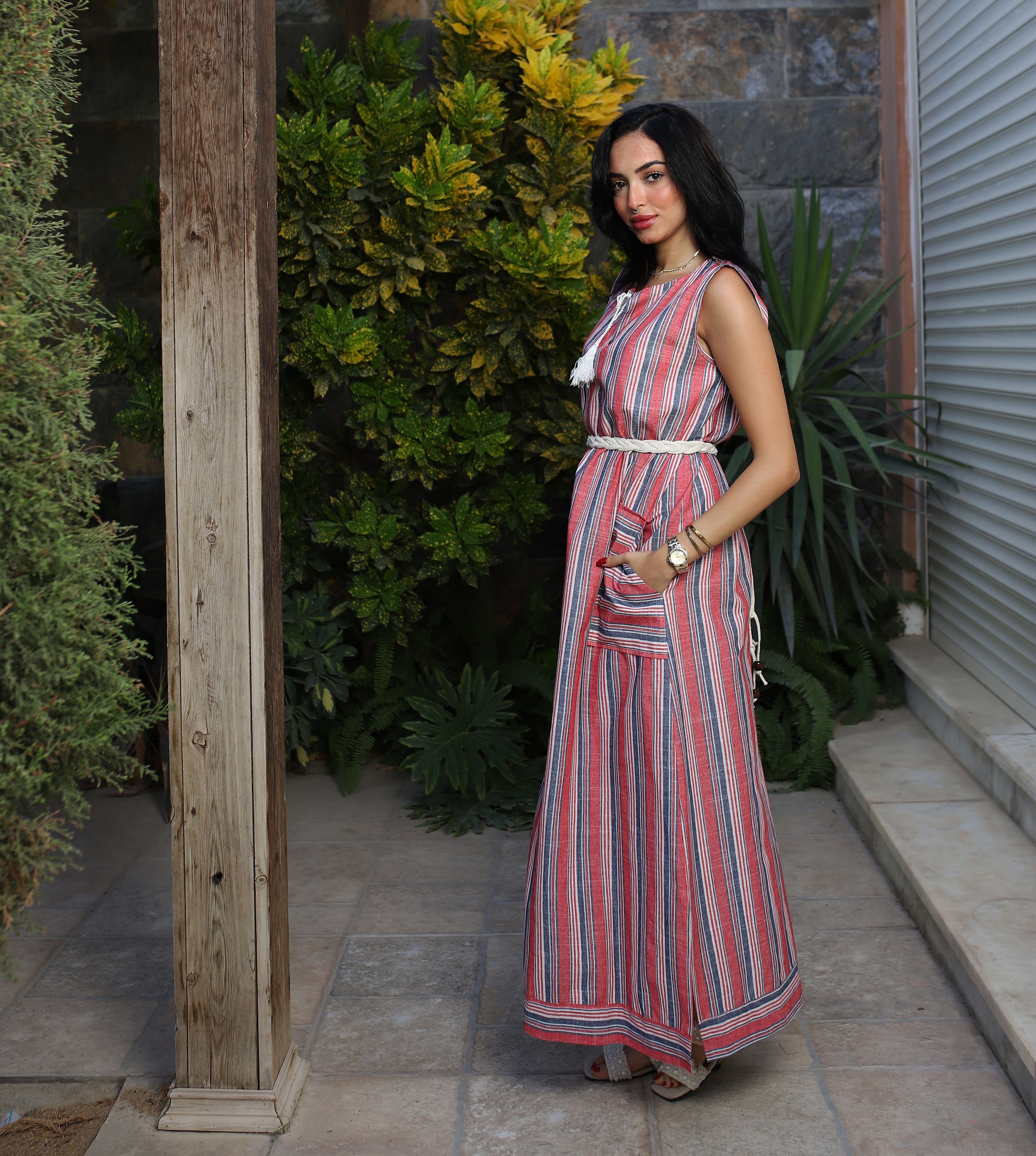 Stripped Linen Dress-Red