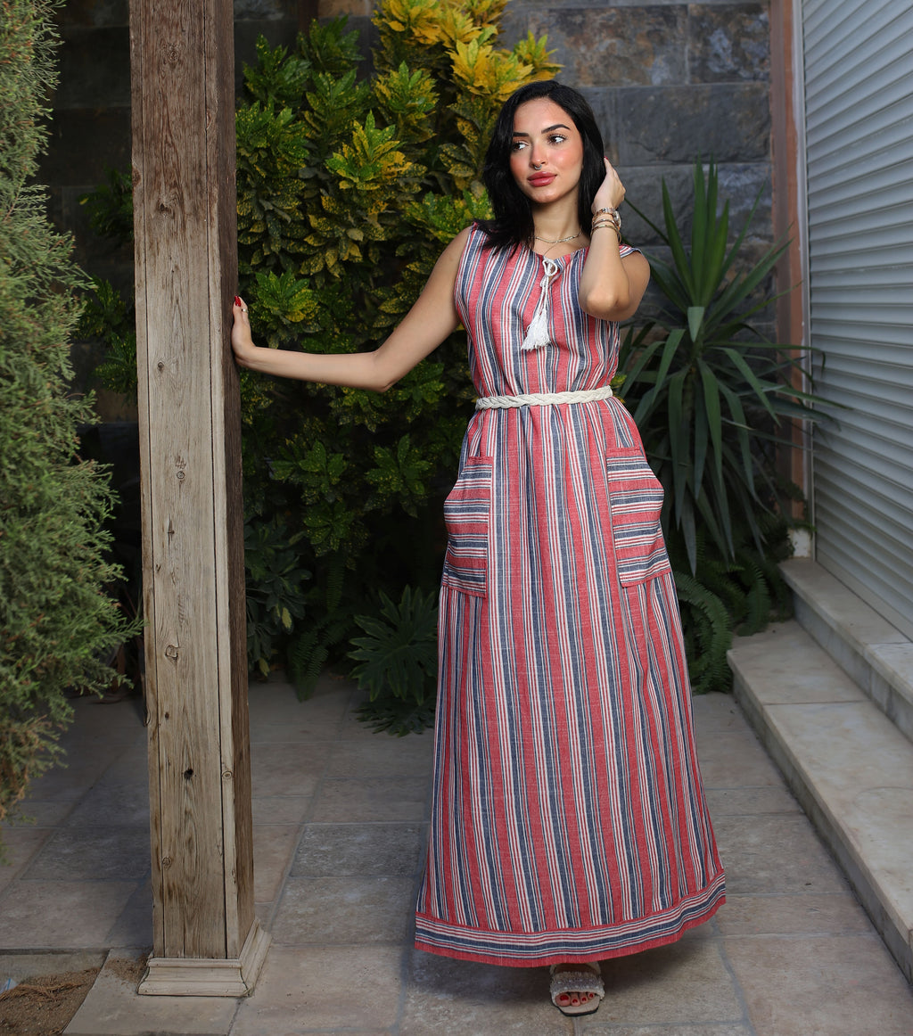 Stripped Linen Dress-Red