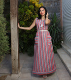 Stripped Linen Dress-Red