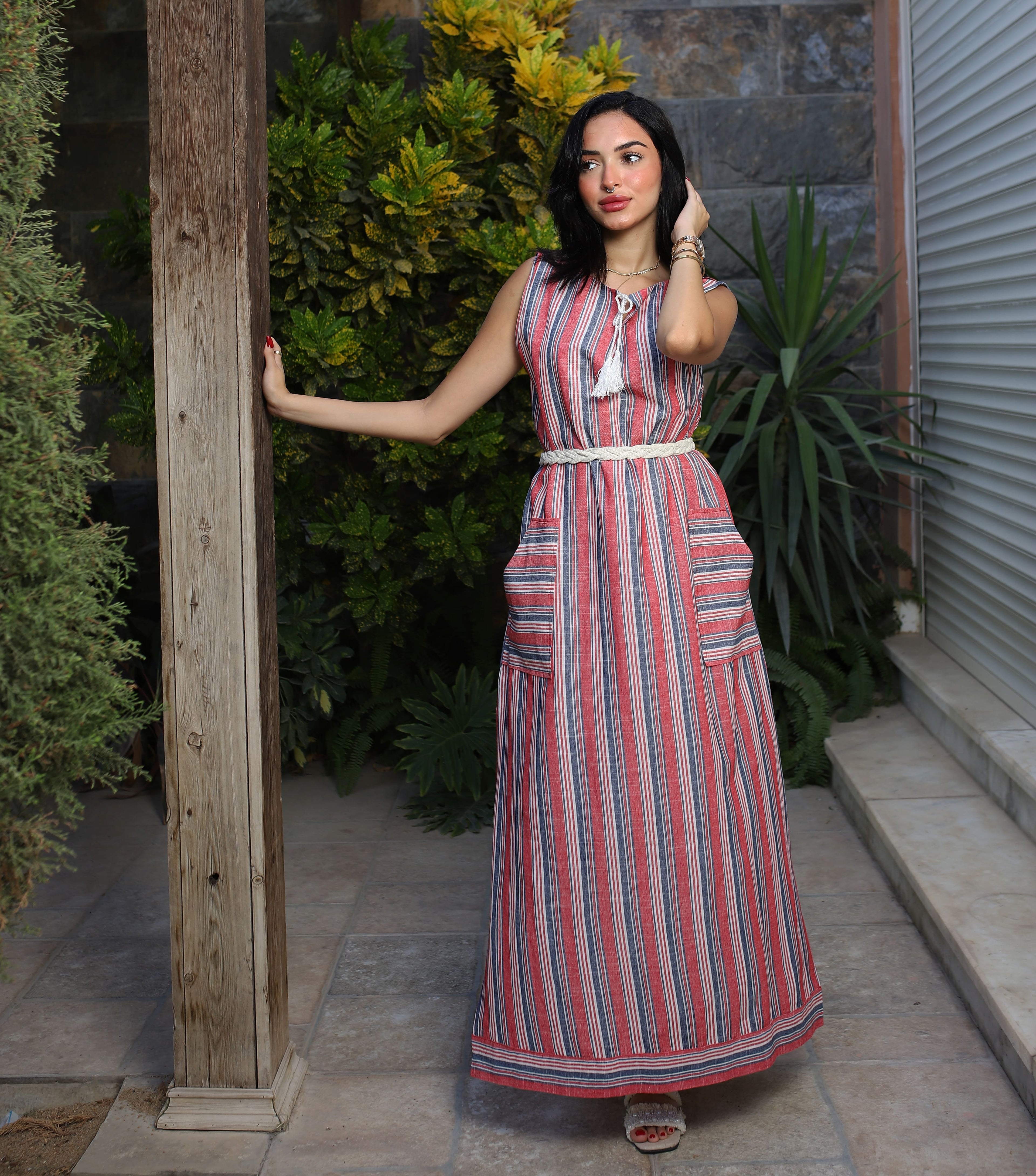 Stripped Linen Dress-Red