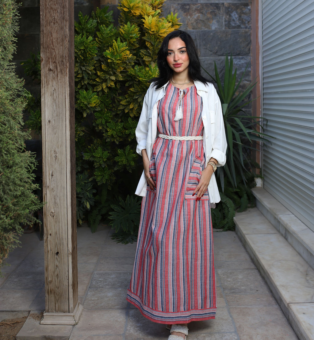 Stripped Linen Dress-Red