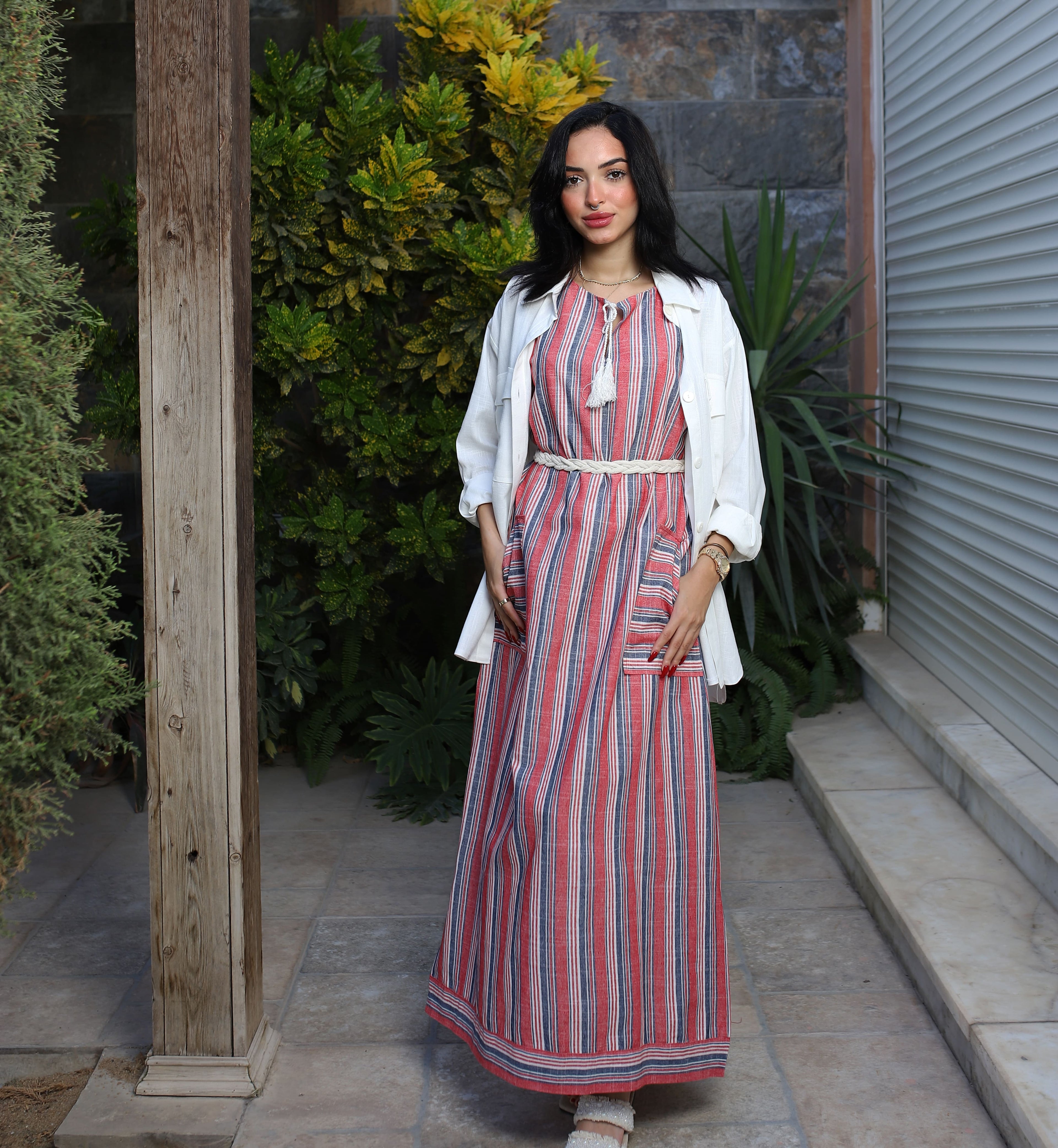 Stripped Linen Dress-Red
