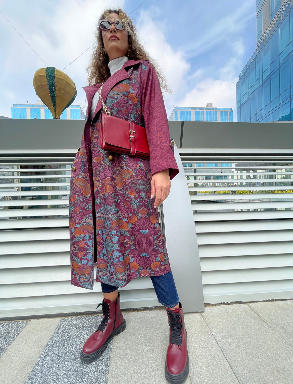 Burgundy Bird Trench Coat