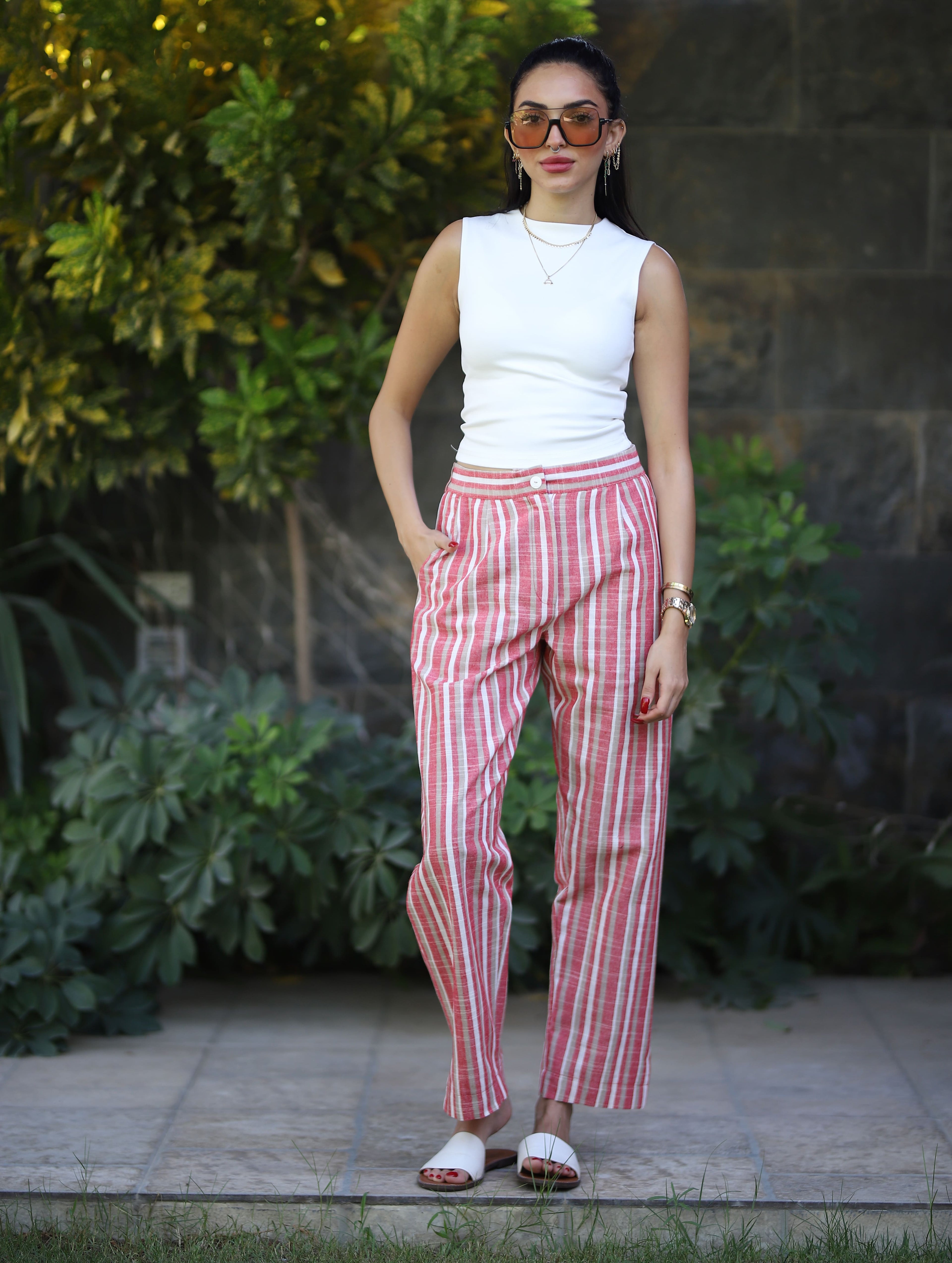 Stripped Linen Pants- Red