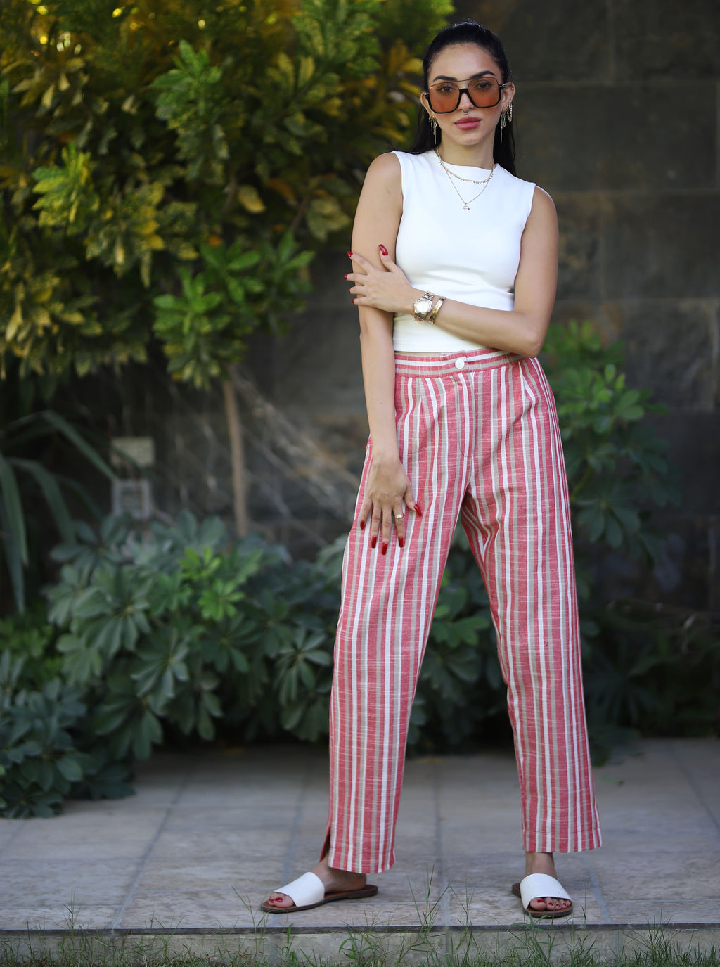 Stripped Linen Pants- Red