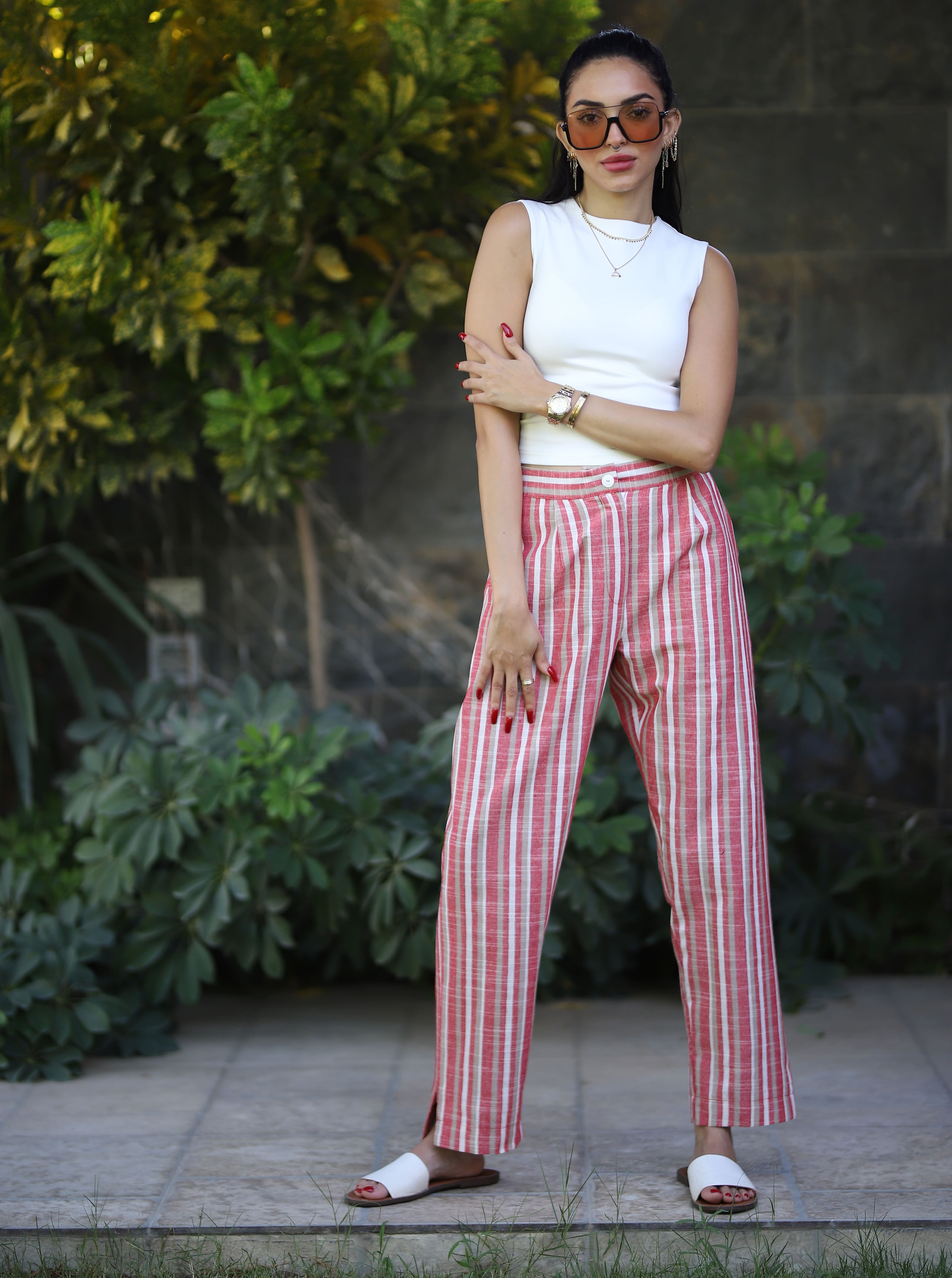 Stripped Linen Pants- Red