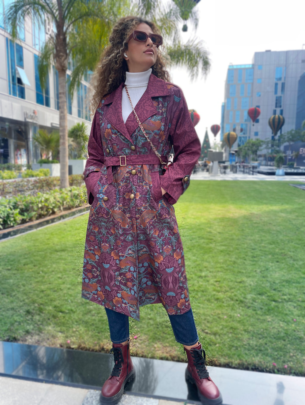 Burgundy Bird Trench Coat
