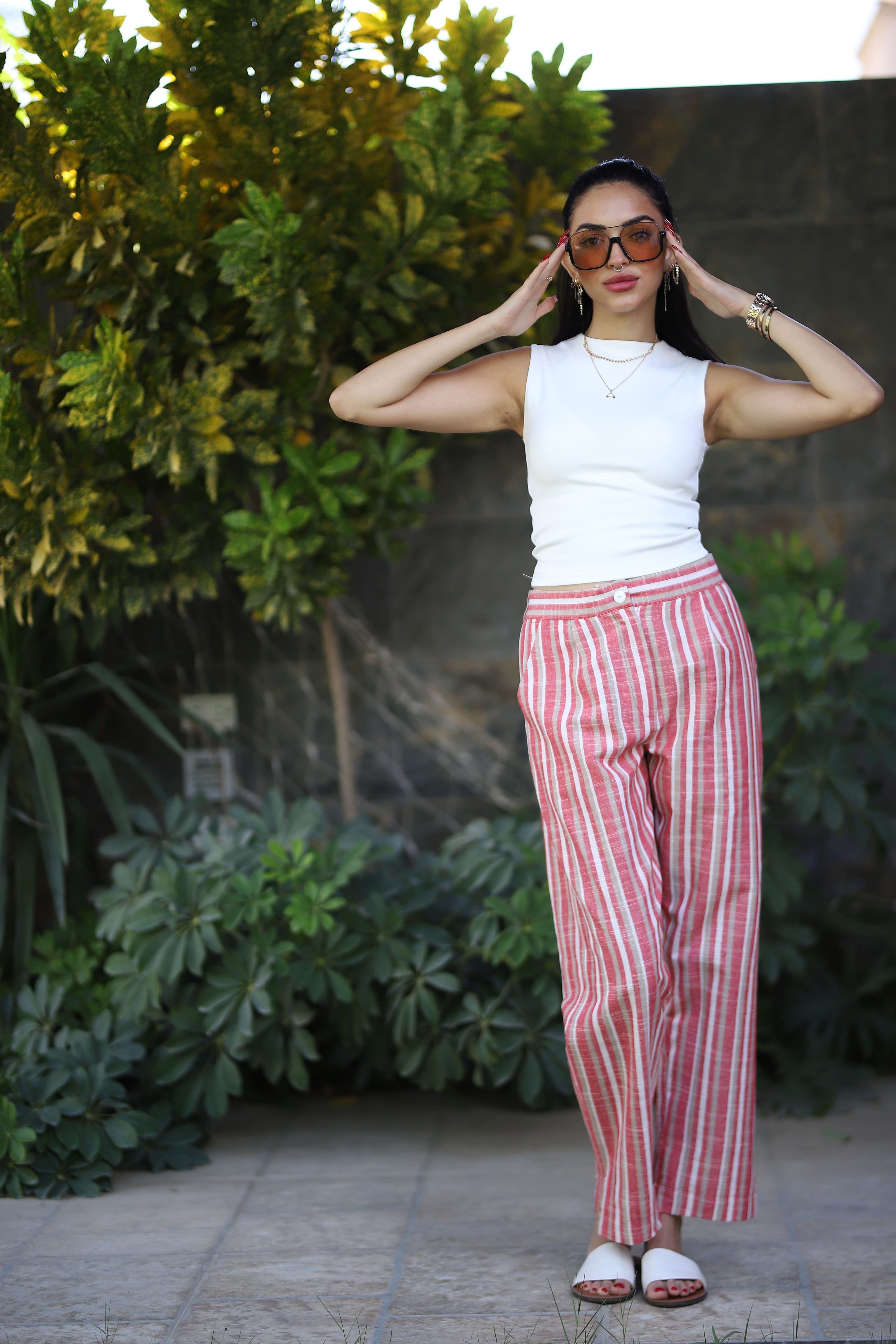 Stripped Linen Pants- Red