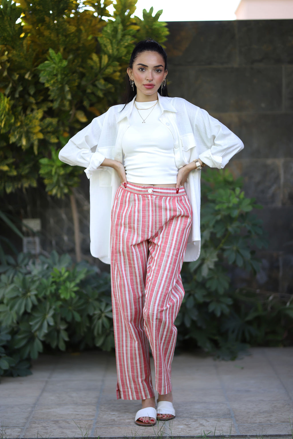 Stripped Linen Pants- Red