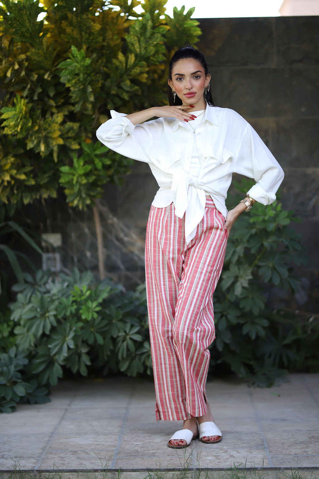 Stripped Linen Pants- Red