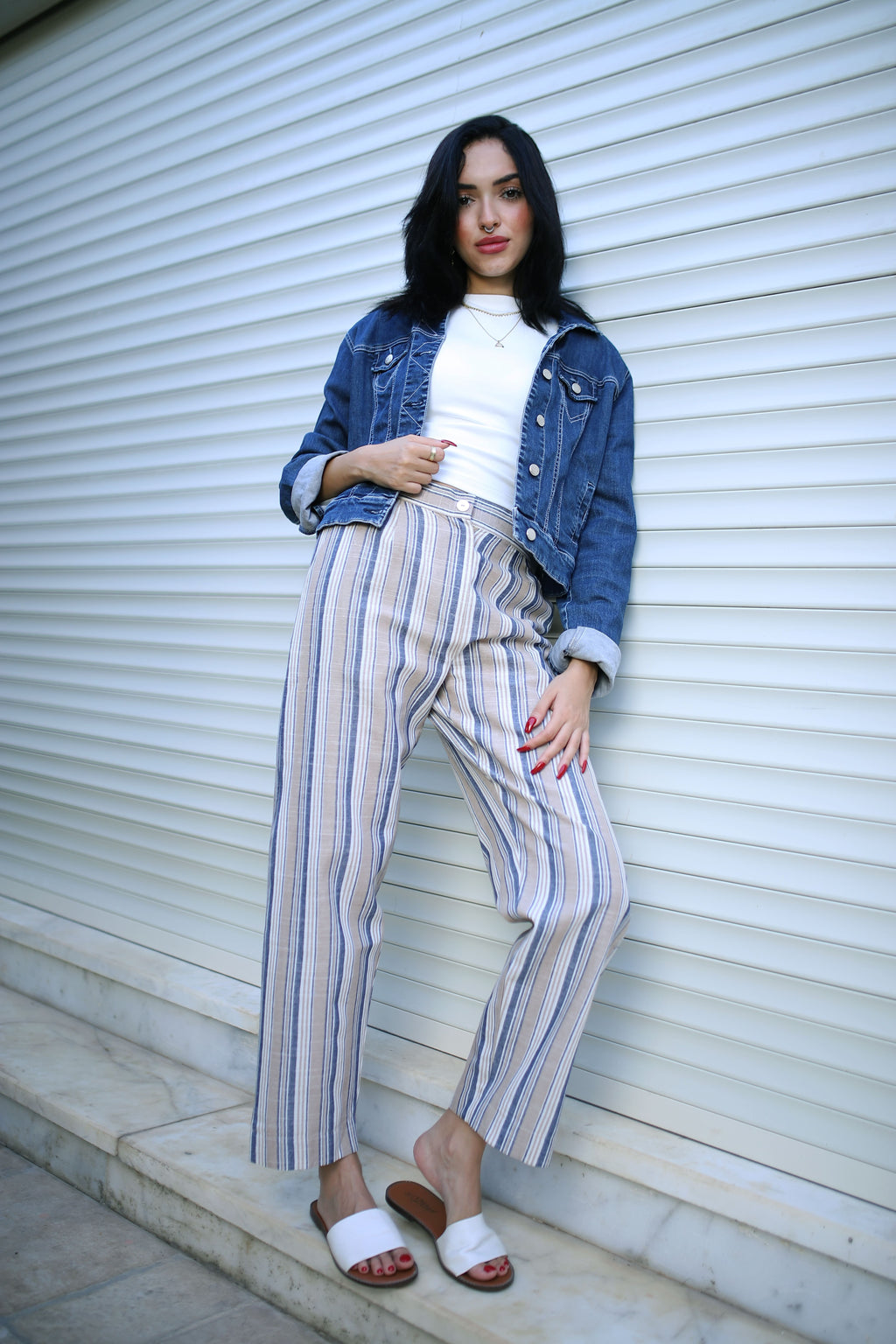 Stripped Linen Pants- Beige