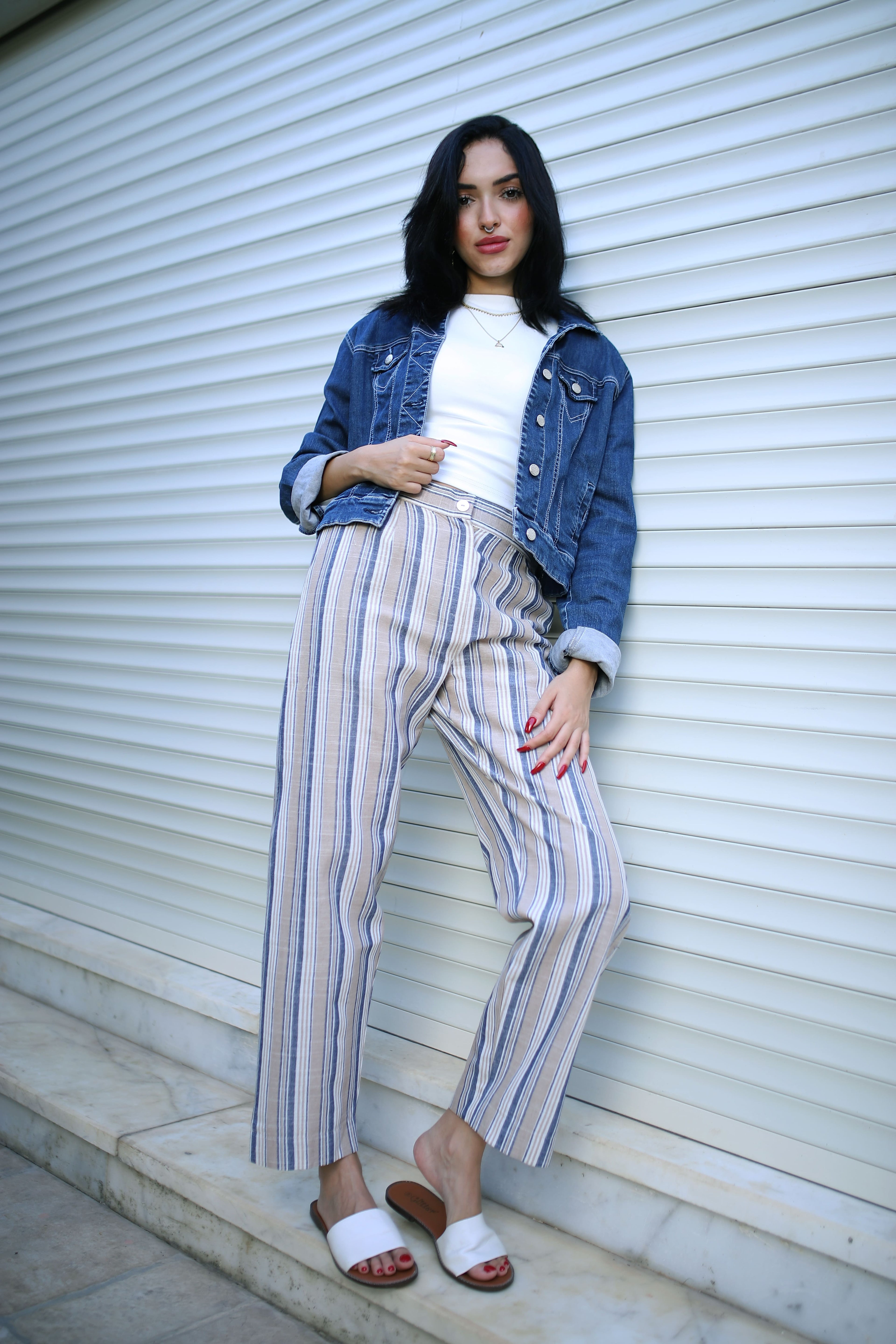 Stripped Linen Pants- Beige