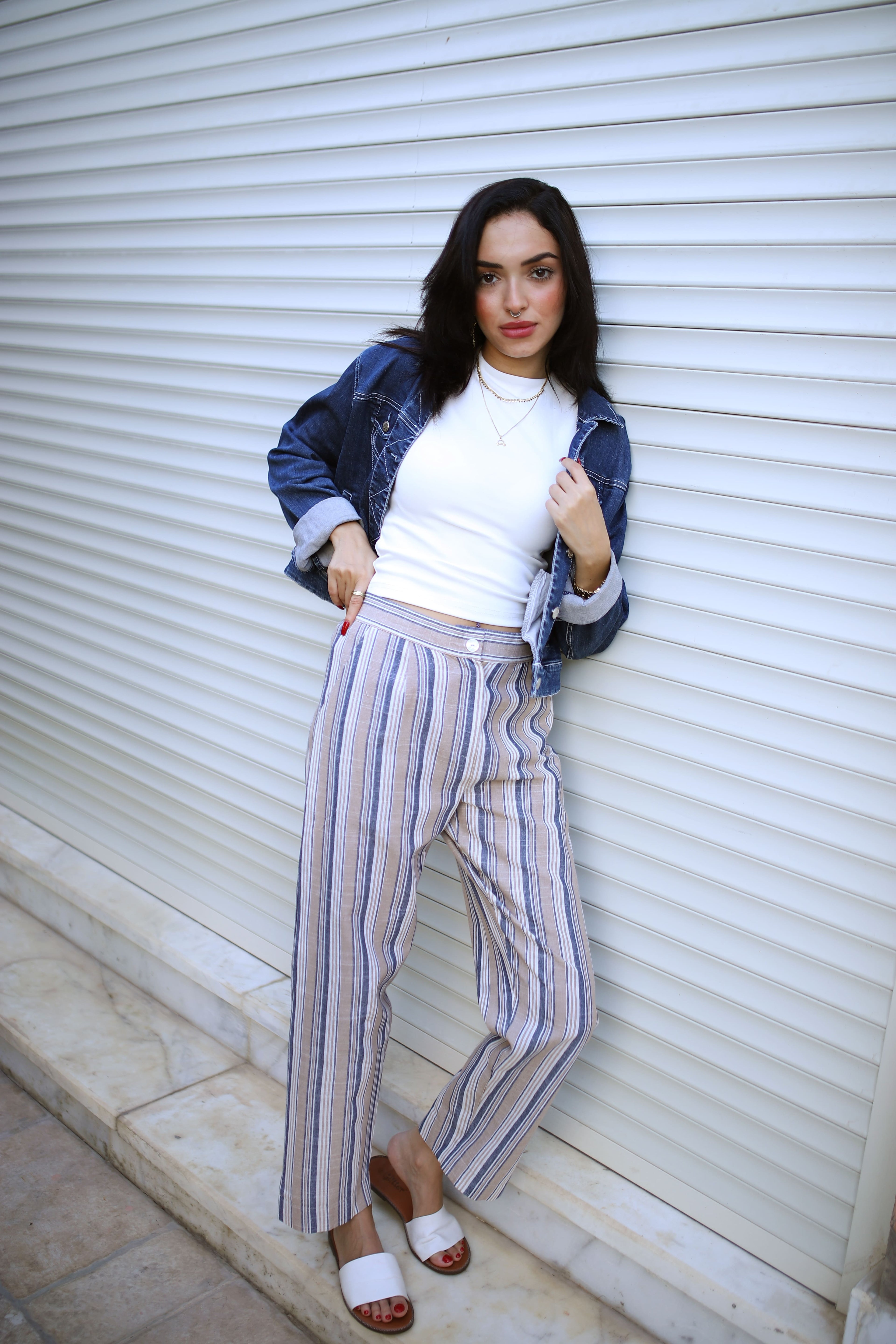 Stripped Linen Pants- Beige