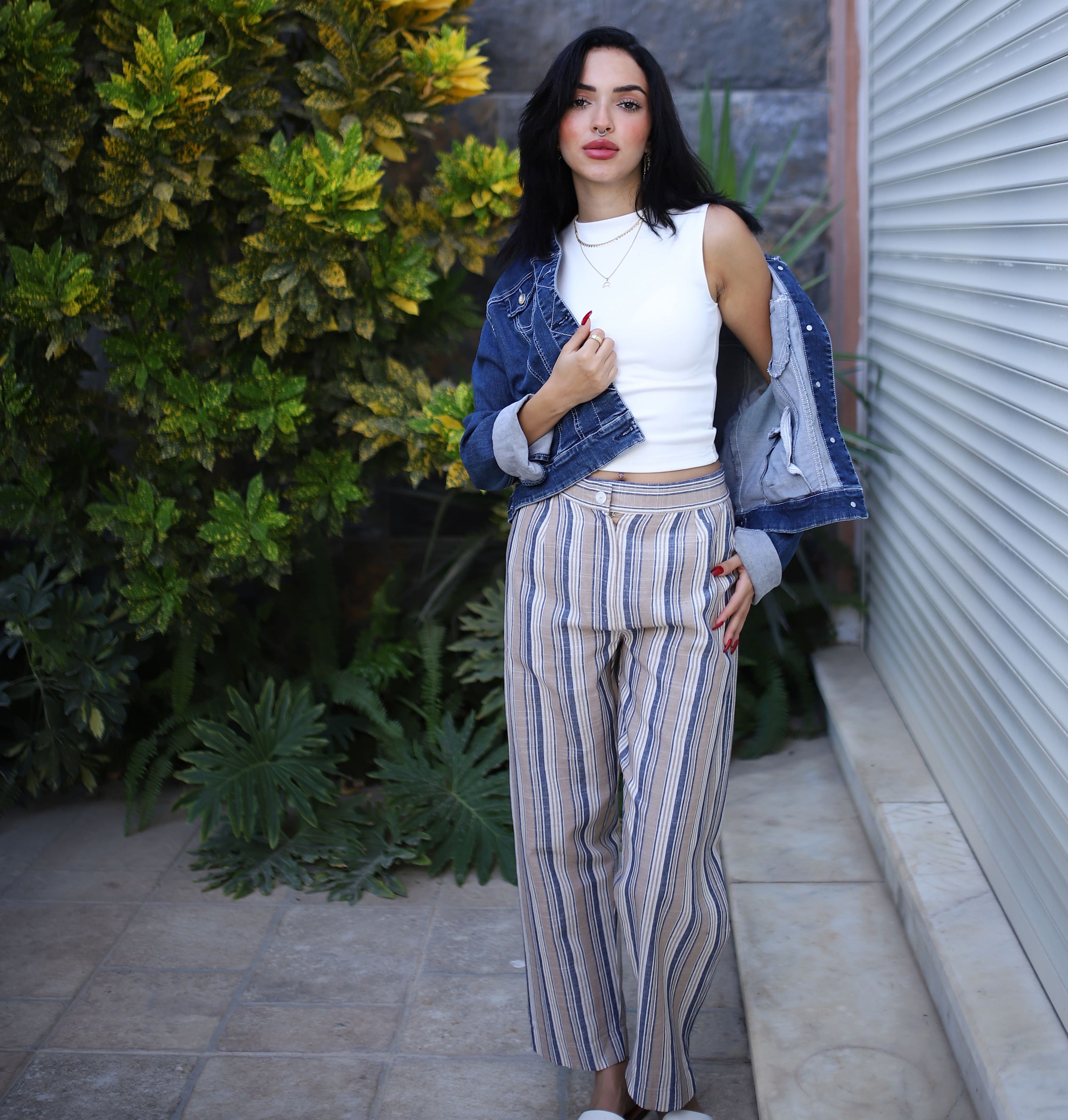 Stripped Linen Pants- Beige