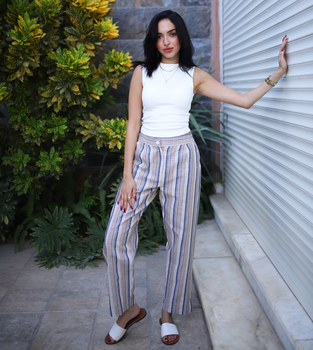 Stripped Linen Pants- Beige