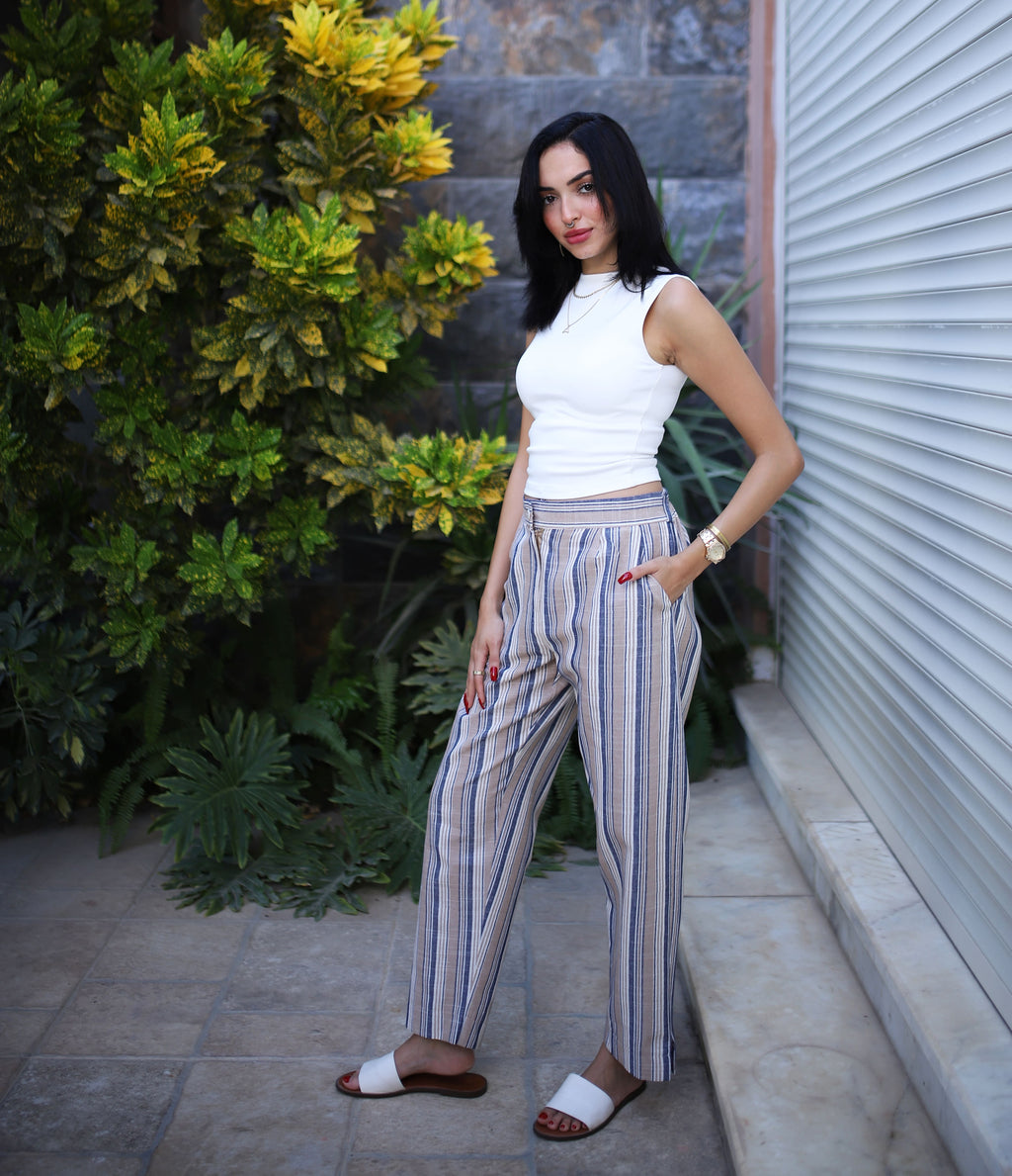 Stripped Linen Pants- Beige
