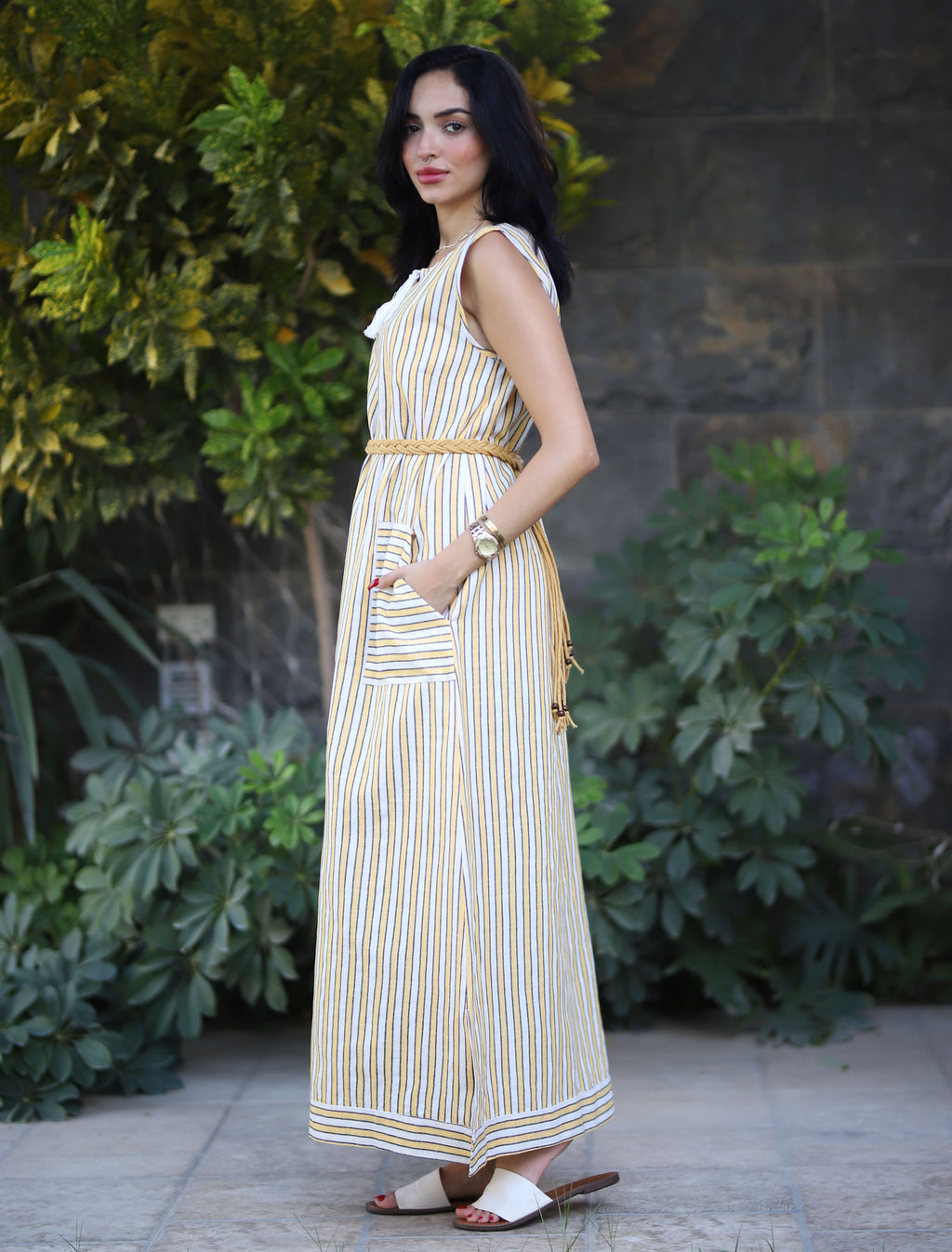 Stripped Linen Dress-Yellow