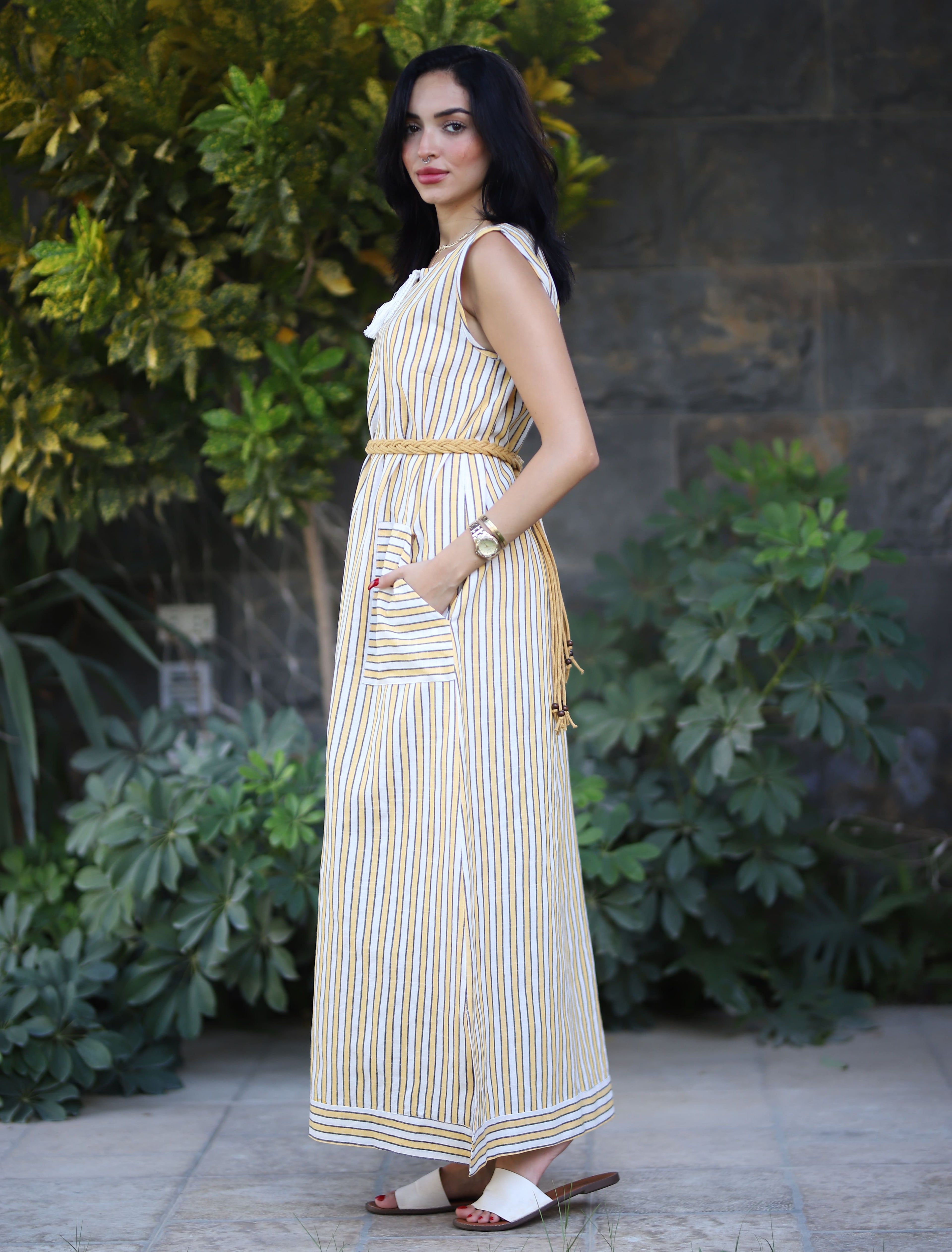 Stripped Linen Dress-Yellow