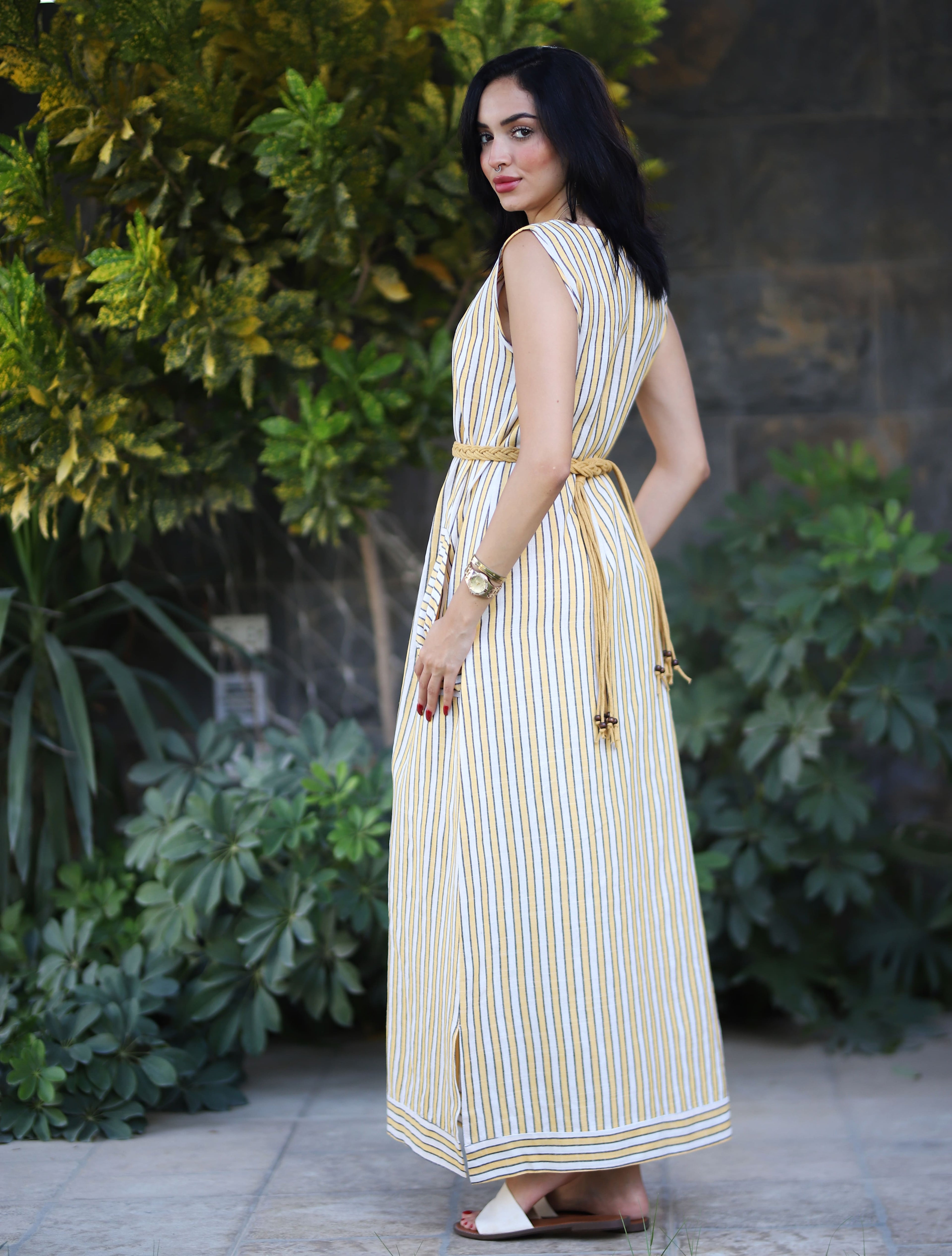 Stripped Linen Dress-Yellow