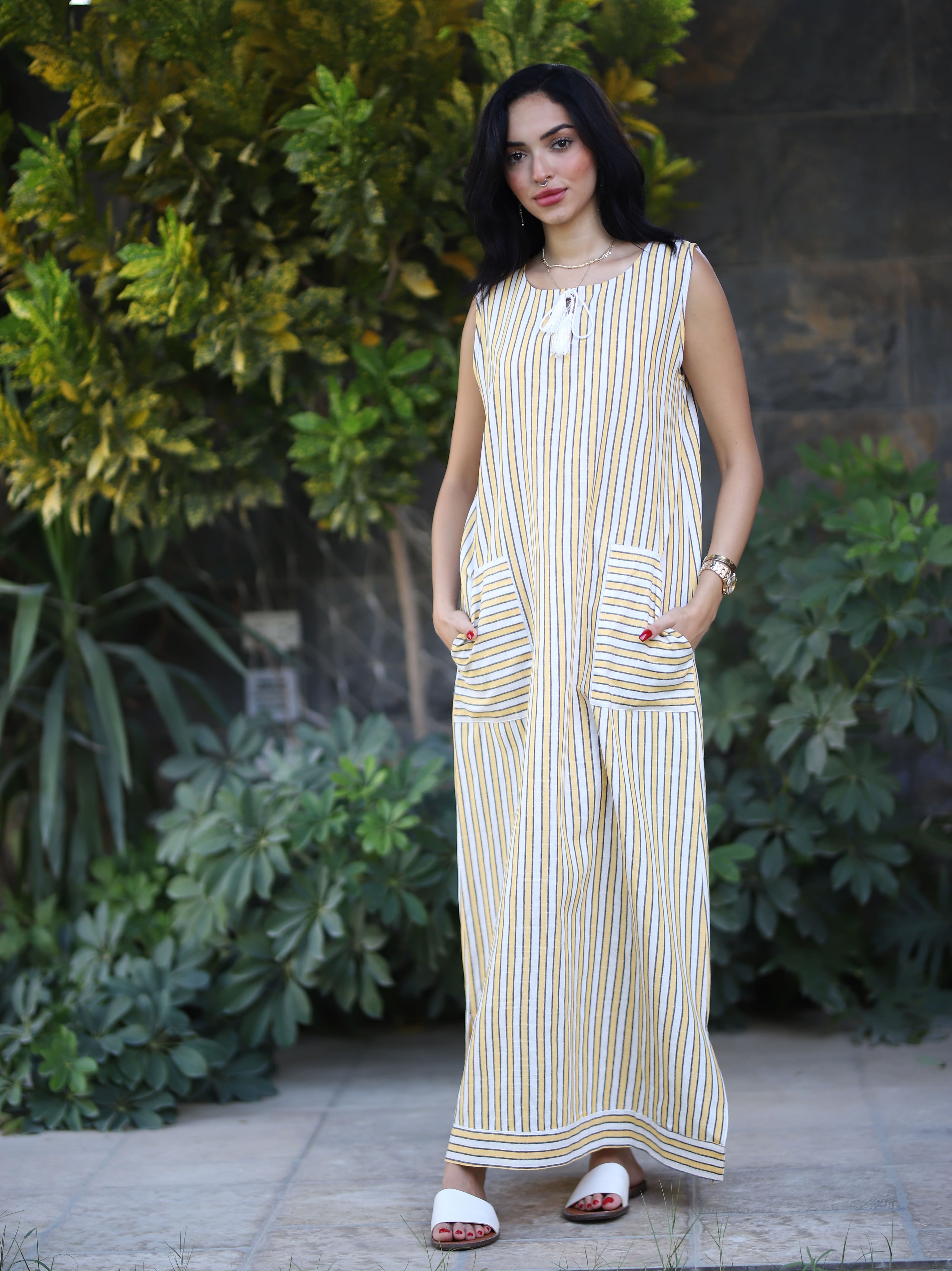 Stripped Linen Dress-Yellow