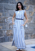 Stripped Linen Dress-Blue