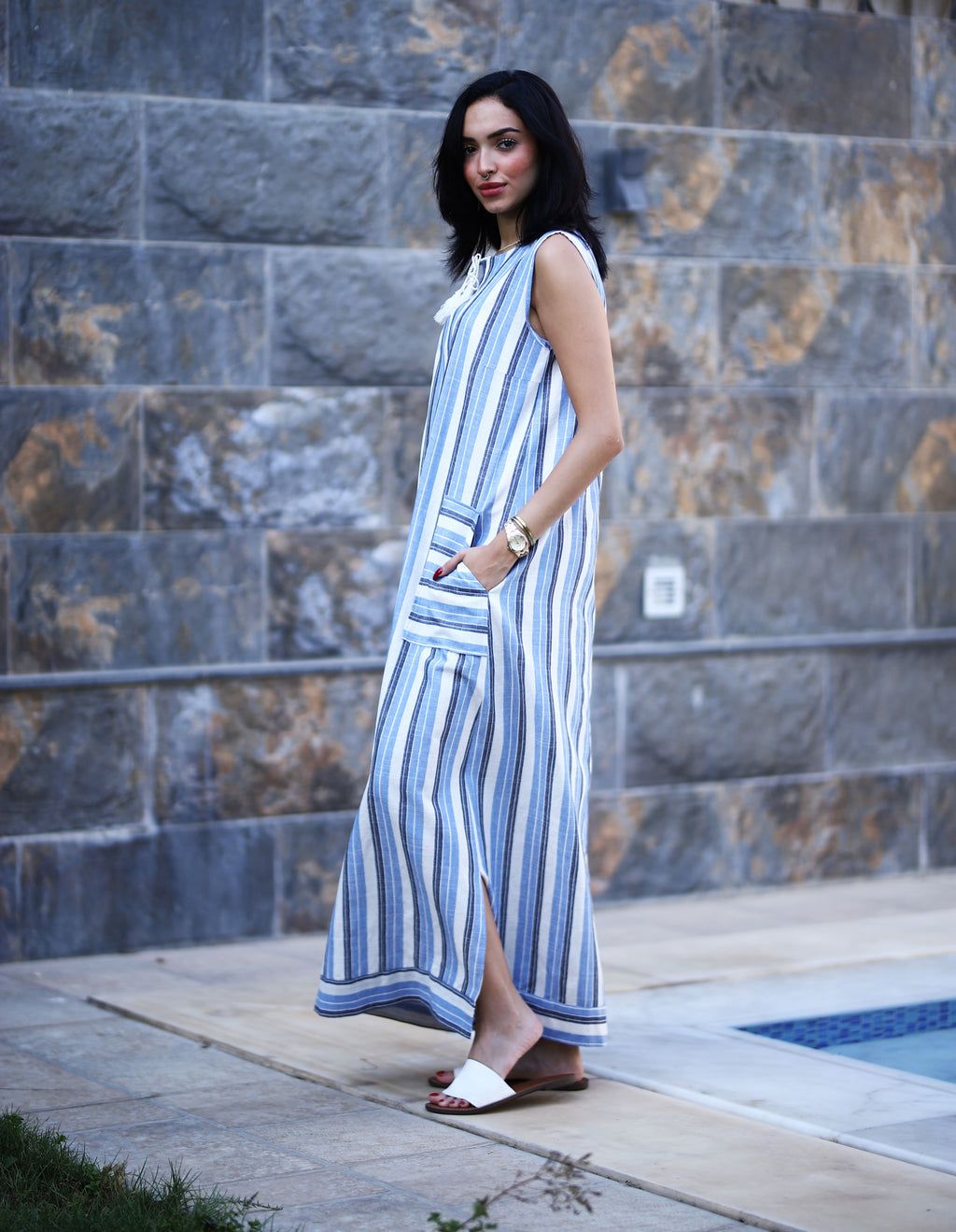 Stripped Linen Dress-Blue