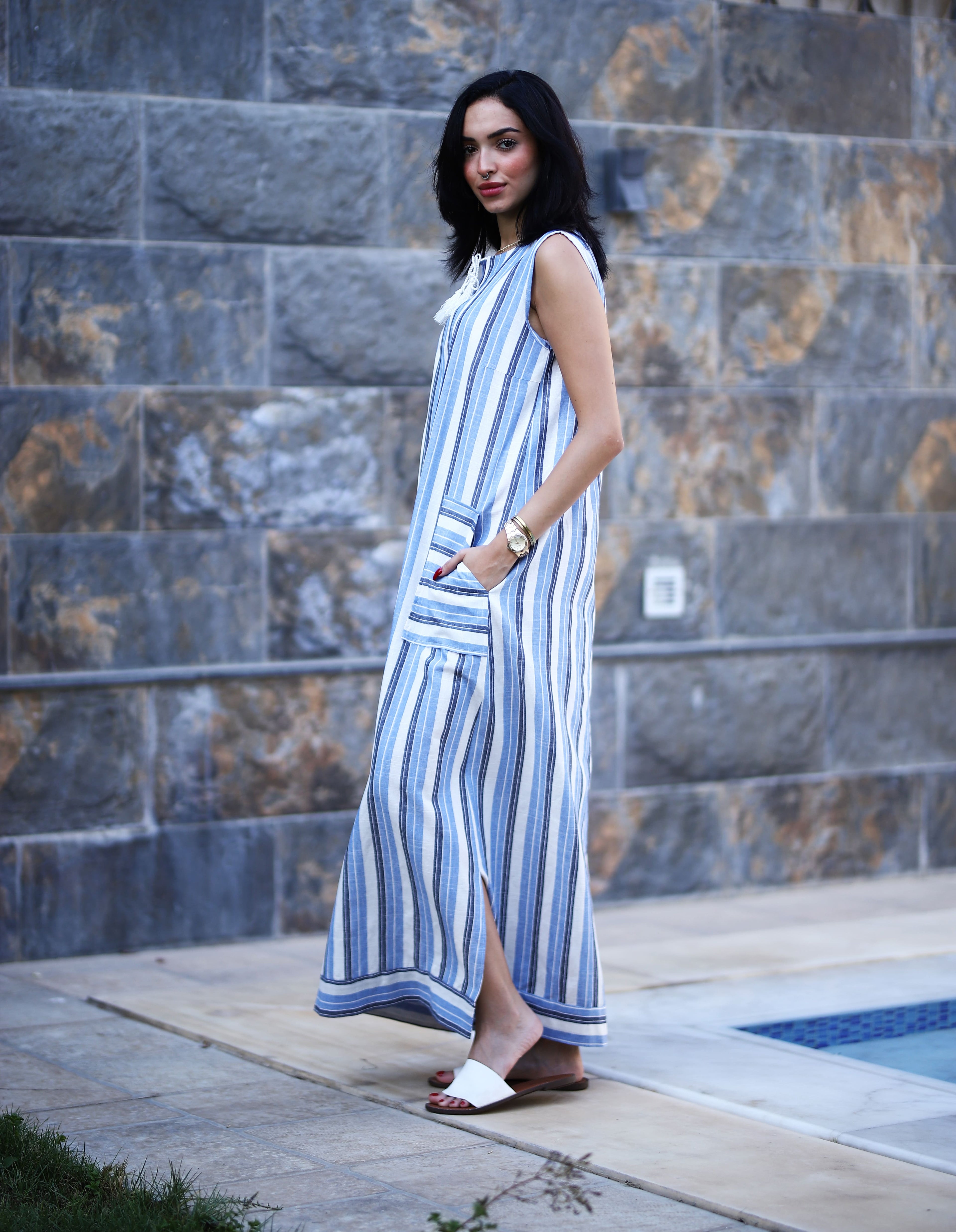 Stripped Linen Dress-Blue