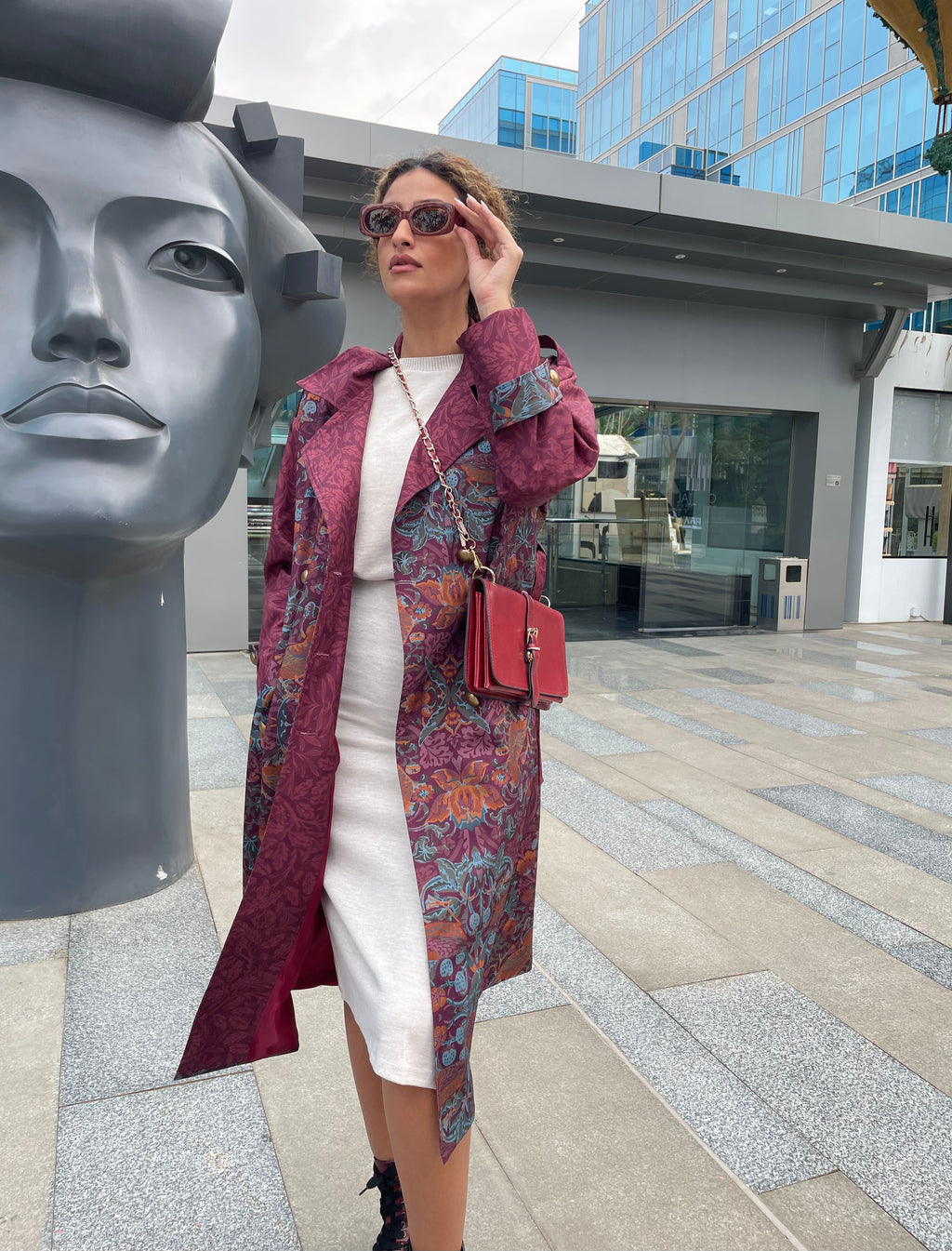 Burgundy Bird Trench Coat