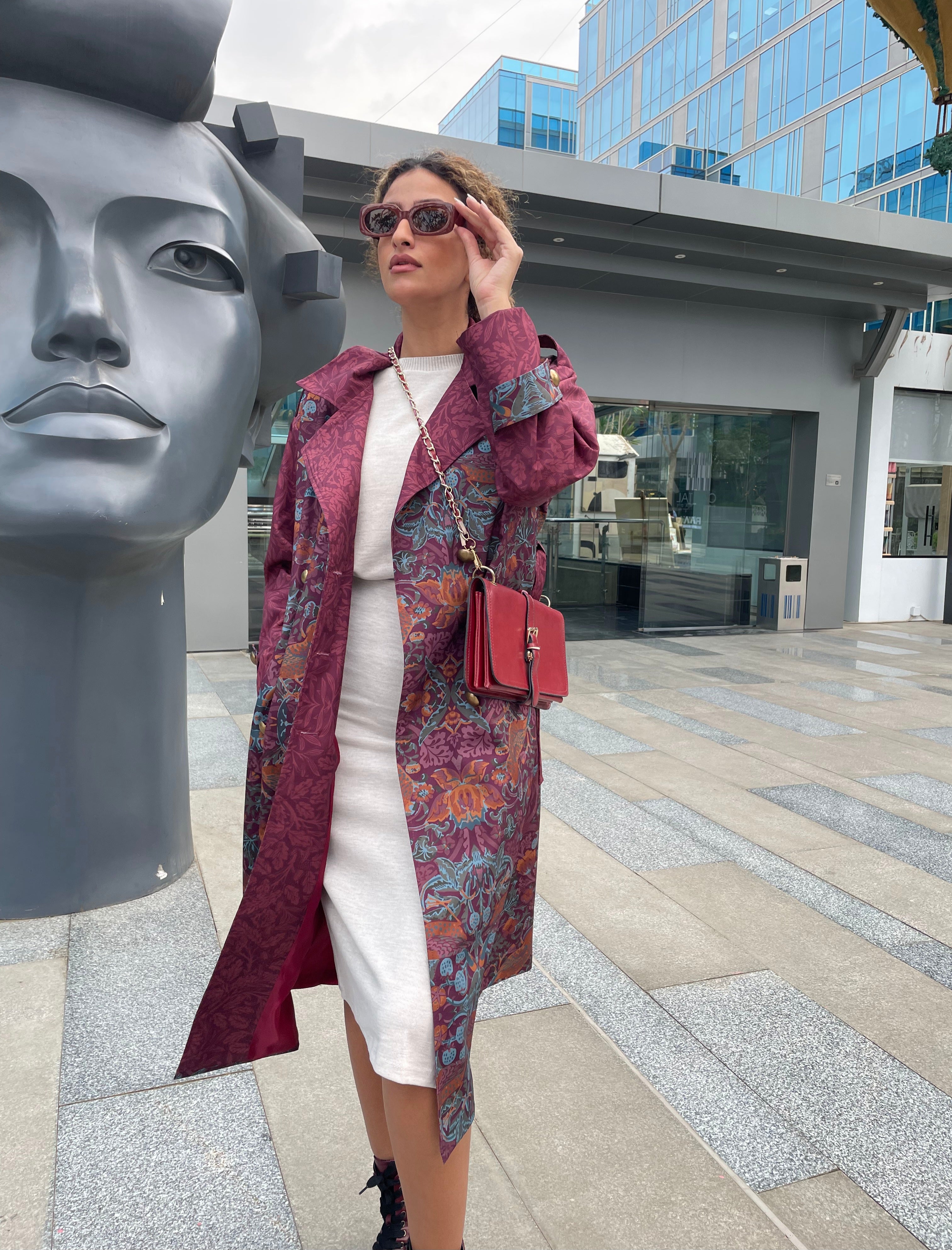 Burgundy Bird Trench Coat