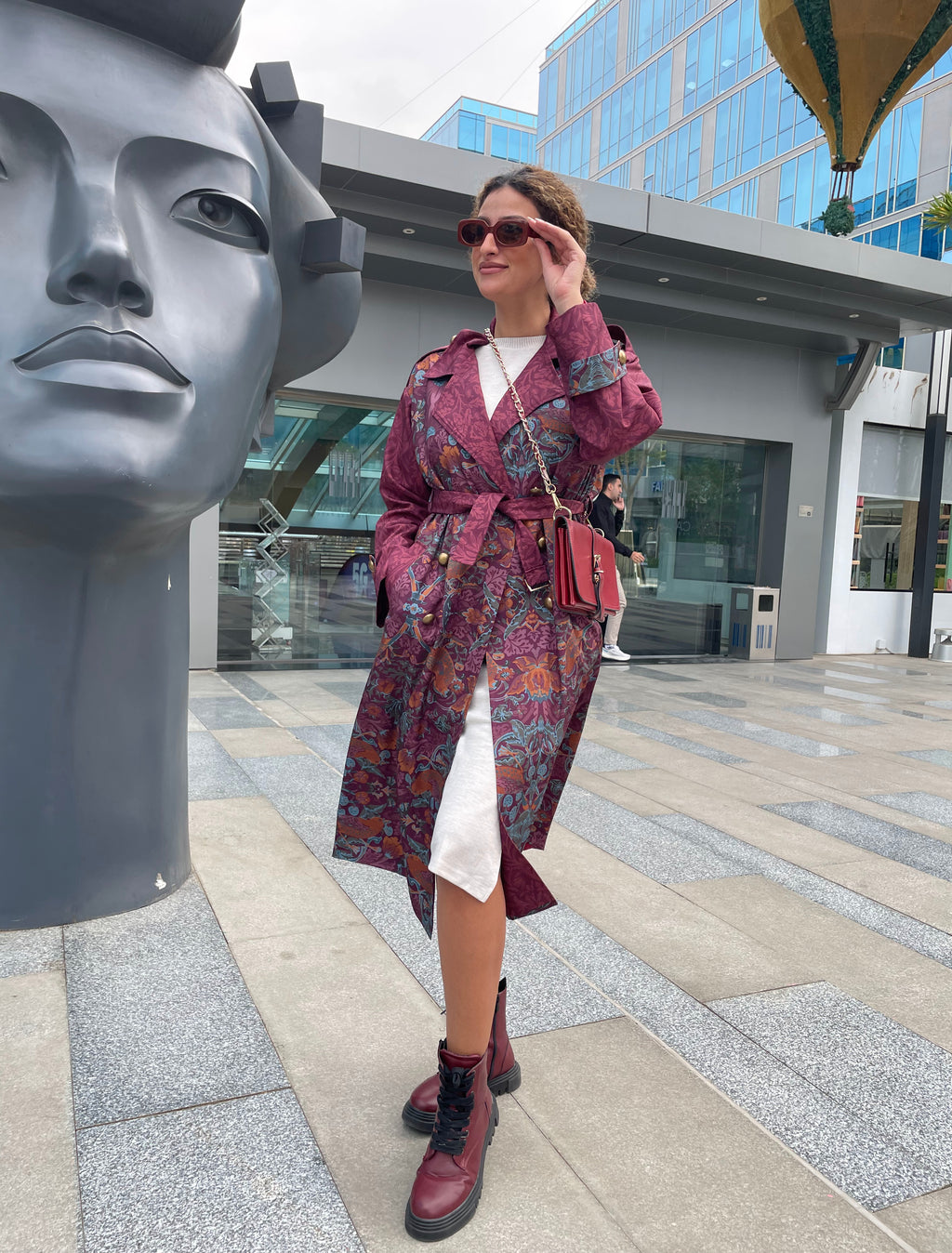 Burgundy Bird Trench Coat