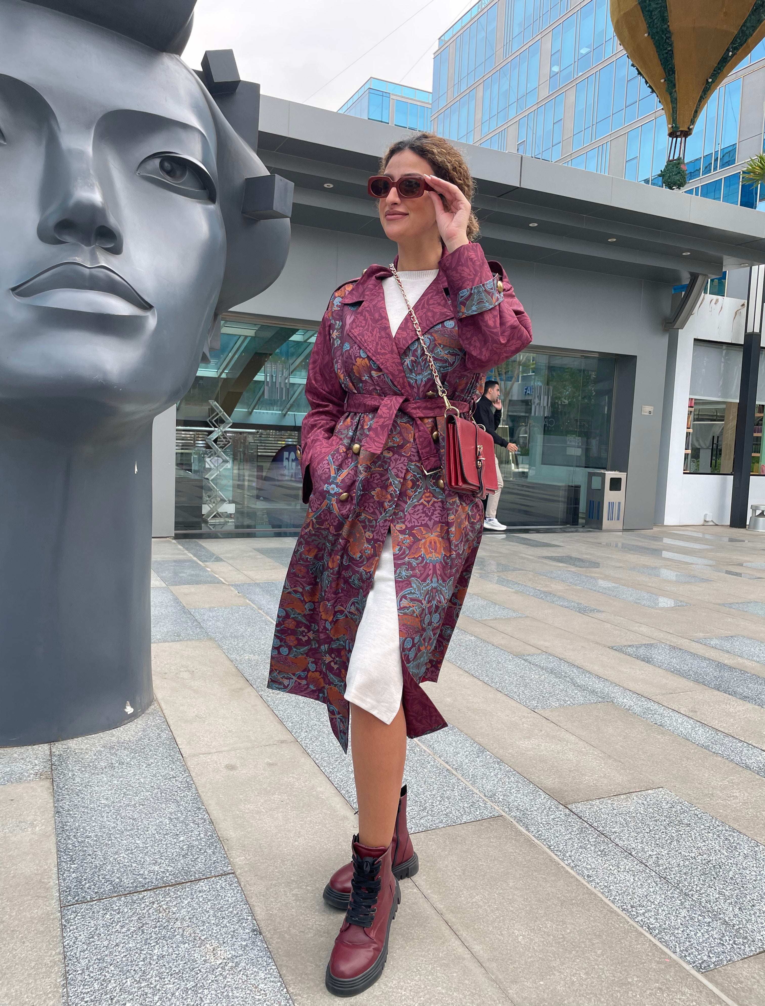 Burgundy Bird Trench Coat